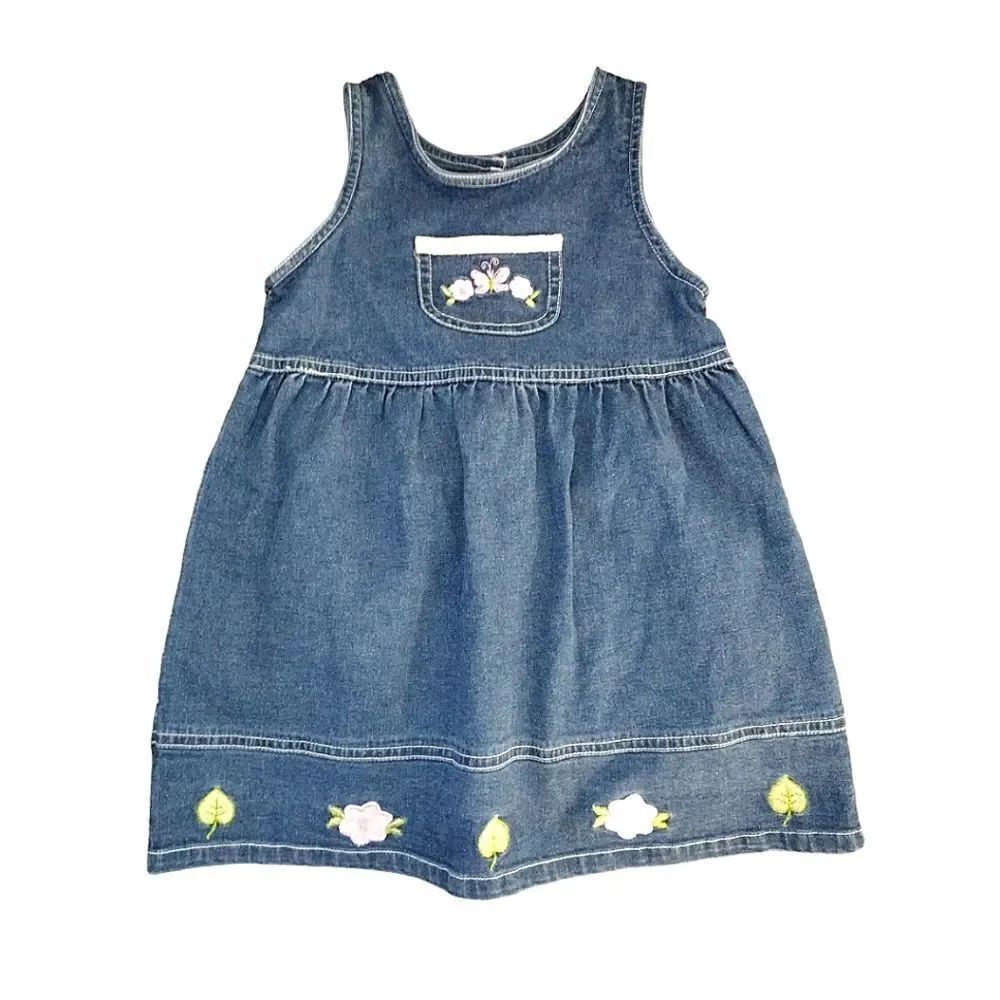 VTG 90s Floral Embroidered Denim Jumper Jean Dress Girl's 2T/ 3T Nostalgia
